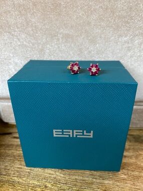 BH Effy Archive 14K Gold Diamond & Ruby Floral Authentic Vintage Stud Earrings